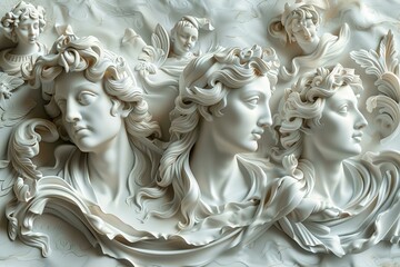 White marble sculptures of classical Greek and Roman men and women - obrazy, fototapety, plakaty