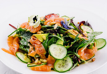 Fresh salmon and spinach salad on white plate