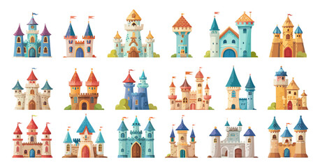 Fairytale Castle Collection. Cartoon Icons for Childrens Book Illustrations in Simple Flat Style on White Background for Fantasy, Storytelling, Kingdom, Fairy Tale Adventure, Magic and Dream Concepts