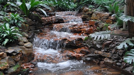   A tranquil waterfall, nestled in a garden, features a winding stream surrounded by abundant rocks and vibrant vegetation on each side