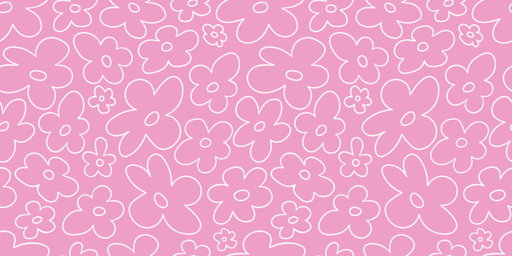 2000s flowers, y2k background. Seamless pattern with abstract white contour flowers on pink background
