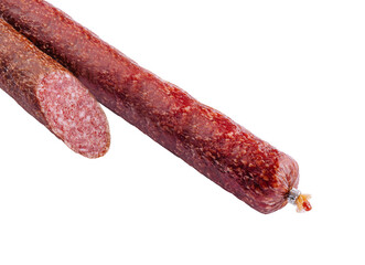 Whole and sliced dry sausage isolated on white