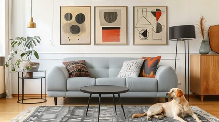 A living room with a sofa, coffee table, rug, and paintings on the wall