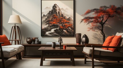 Chinese style living room with a painting of a mountain landscape
