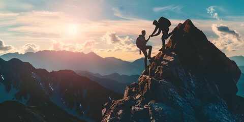 Hiker Helping Friend Reach the Mountain Top, Friendship and Support in Climbing Adventure, Summit Achievement Together, Inspiring Outdoor Exploration Scene, Generative AI

