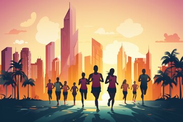 Naklejka premium Group of people running in a marathon in a city