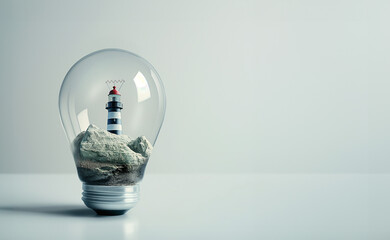 Photorealistic model of a lighthouse on a rock inside an electric lamp standing vertically on a table. Creativity, hope, braistorming concept. White background with copy space.