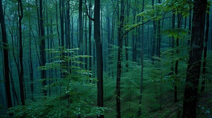Naklejka premium A lush forest teeming with tall trees and abundant green leaves