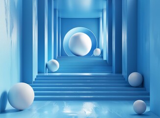 Blue abstract geometric background with white spheres