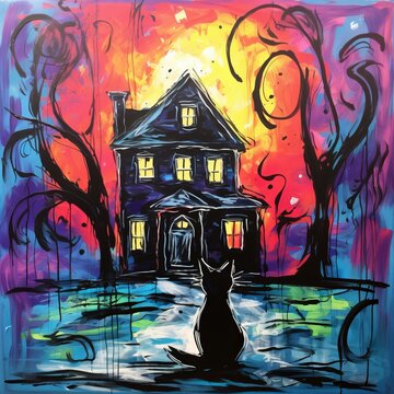 Black cat sits in front of a haunted house