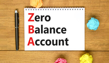 Fototapeta premium ZBA zero balance account symbol. Concept words ZBA zero balance account on beautiful white note. Beautiful wooden table wooden background. Business ZBA zero balance account concept. Copy space.
