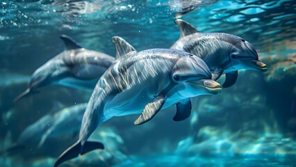 Group of Delphinus delphis dolphins swimming in blue water for repeating pattern. Concept Wildlife Photography, Dolphin Behavior, Ocean Habitat, Marine Mammals, Underwater Patterns