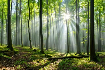 Captivating sunbeams filtering through the lush green canopy of a beautiful forest