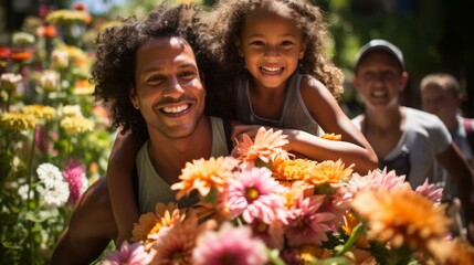 Fototapeta premium Happy family picking flowers in a field