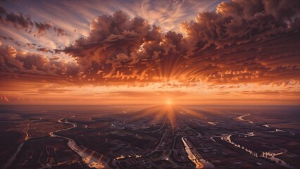 Aerial view of sunset over the river. Beautiful sky with clouds.