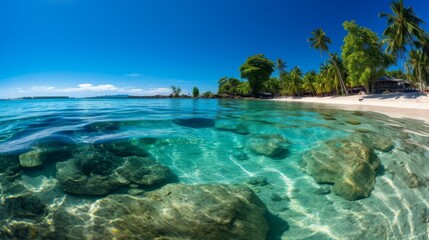 Fototapeta premium Half Underwater Split View of Tropical Beach with Coconut Trees and Clear Water