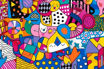 Fototapeta premium A front cover for a colouring book for toddlers called Shape and Pattern Playground, full of different shapes with various patterns within the shapes