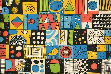 A front cover for a colouring book for toddlers called Shape and Pattern Playground, full of different shapes with various patterns within the shapes