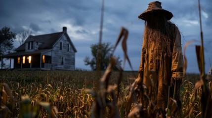 A haunted farmstead where scarecrows come to life and roam the fields at night