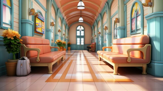 A brightly lit hallway with orange benches and potted plants