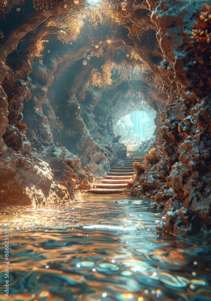 Poster Mystical Cave Entrance with Glowing Crystals and Water