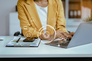 Cybersecurity and privacy concepts to protect data. Lock icon and network security technology. woman protecting personal data on laptop, virtual screen interfaces. In office.