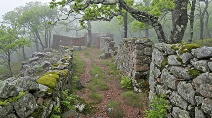   A stone wall, moss-covered, borders a forest path Amidst dense woodland, teeming with trees