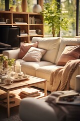Bright living room with sofa and coffee table