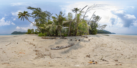 Spherical panorama of 360 degrees of tropical island with palm trees on sandy beach in ocean or sea on sunny day.