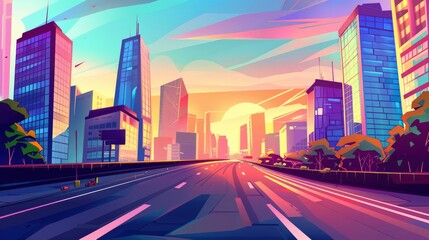 Obraz premium Asphalt Highway Skyline Against Modern Buildings At Sunset, Imbuing The Scene With A Sense Of Urban Energy And Dynamism, Cartoon Background