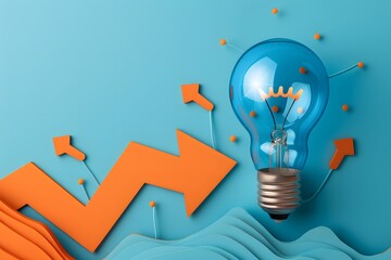 Business creativity and inspiration with lightbulb and orange arrow on blue background. Startup presentation. Progress idea symbol