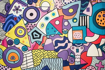 Fototapeta premium A front cover for a colouring book for toddlers called Shape and Pattern Playground, full of different shapes with various patterns within the shapes