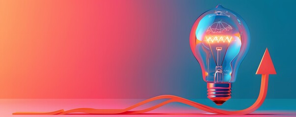 Business creativity and inspiration banner with lightbulb and orange arrow on blue pink gradient background. Startup. Progress idea symbol