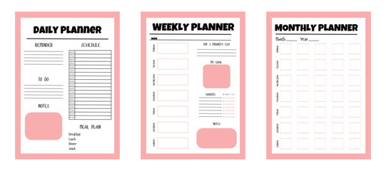 Set of daily, weekly, monthly minimalist pink and white color planners . Planner template white isolated background. Graphic organization paper vector set