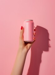 Woman's hand with red nails holding a pink soda can against a pink background