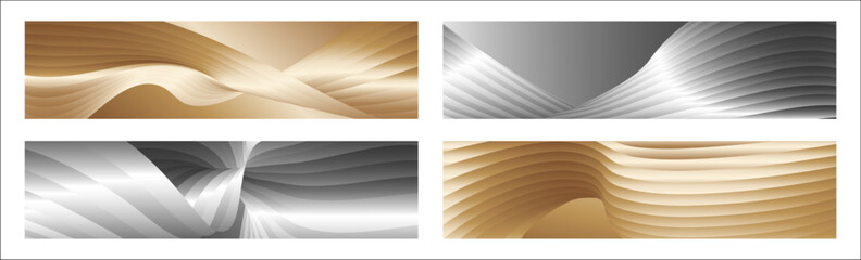 Wavy silver and gold parallel gradient lines, ribbons, silk. Set of 4 backgrounds. Black and white with shades of gray or golden silk. Banner, poster. eps vector