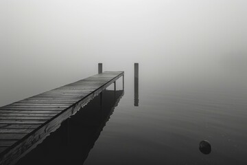 Fototapeta premium Wooden dock extending into a calm lake on a foggy day