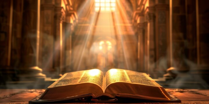 rays of light shining on open bible in church