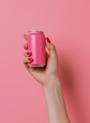 Woman holding a pink soda can against a matching pink background