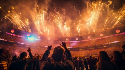 Fireworks light up the sky above a stadium during a Coldplay concert