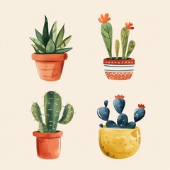 Bright Watercolor Illustration of Assorted Potted Cacti and Succulents