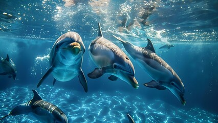 Pod of Delphinus delphis dolphins swimming in blue water for repeating pattern. Concept Delphinus delphis, dolphins, blue water, repeating pattern