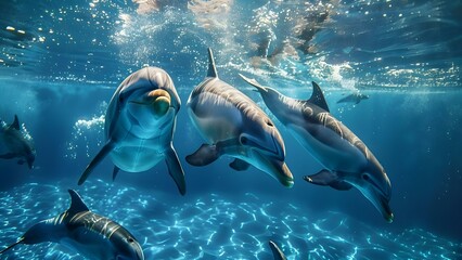 Fototapeta premium Pod of Delphinus delphis dolphins swimming in blue water for repeating pattern. Concept Delphinus delphis, dolphins, blue water, repeating pattern