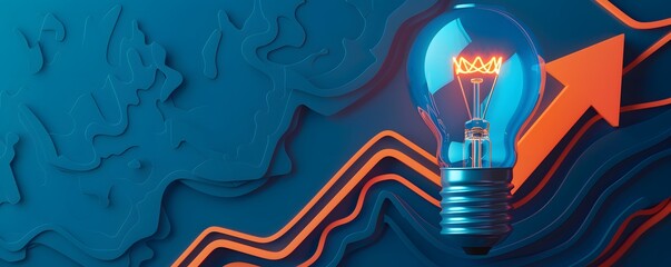 Business creativity and inspiration concepts with lightbulb and orange arrow on blue background. Top strategy. Idea symbol