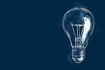 White Eureka lightbulb on dark blue background embodies flash of inspiration, intellectual endeavors.  Business design presentation page. 