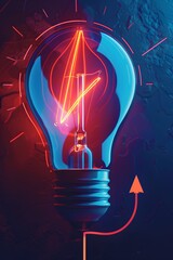 Vertical creative light bulbs and neon orange arrow upon dark blue background. Art design illustration new ideas with innovation, creativity. Abstract concept LED lightbulb element. Business design.