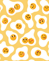 Seamless pattern with different cute emoji, funny omelettes