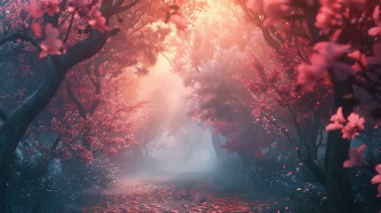 fantasy pink forest path with cherry blossom trees