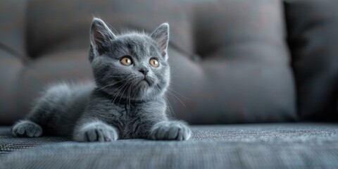 A cute gray kitten is lying on the sofa and looking up