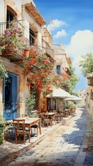 Fototapeta premium European style buildings with flowers and outdoor dining area